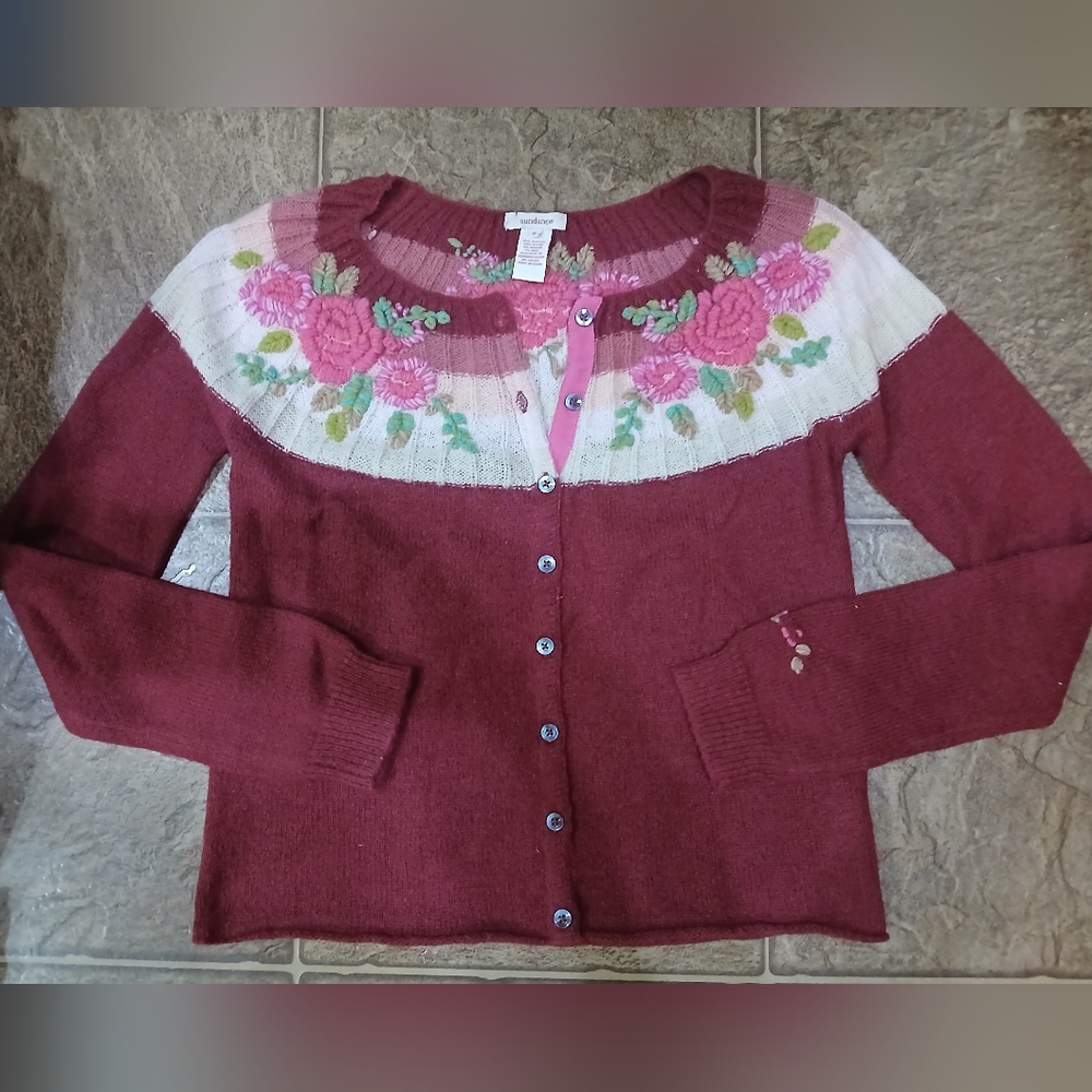 Sundance Burgundy Cardigan with Pink Floral Embroidery Sz Small Floral Lightweig